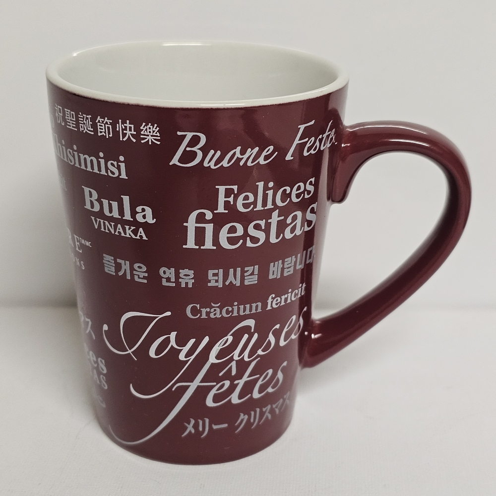 Epicure Holiday Mug – Multilingual “Happy Holidays” Red Ceramic Cup